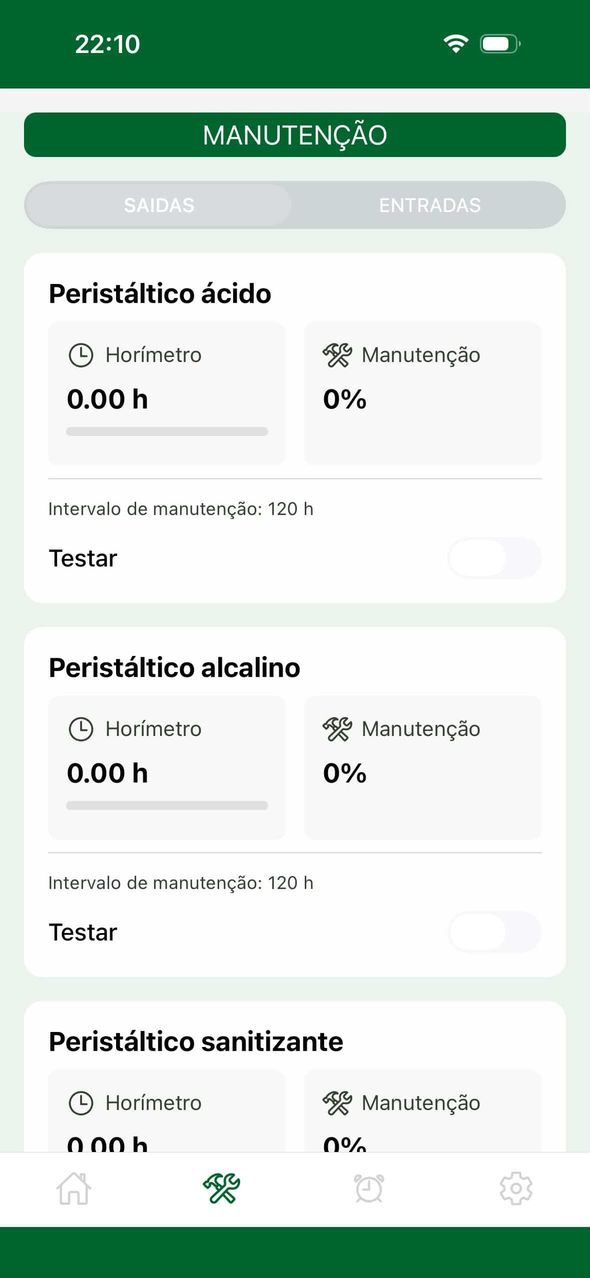 Tela de manutenção do app com horímetro e teste de cada peristáltico