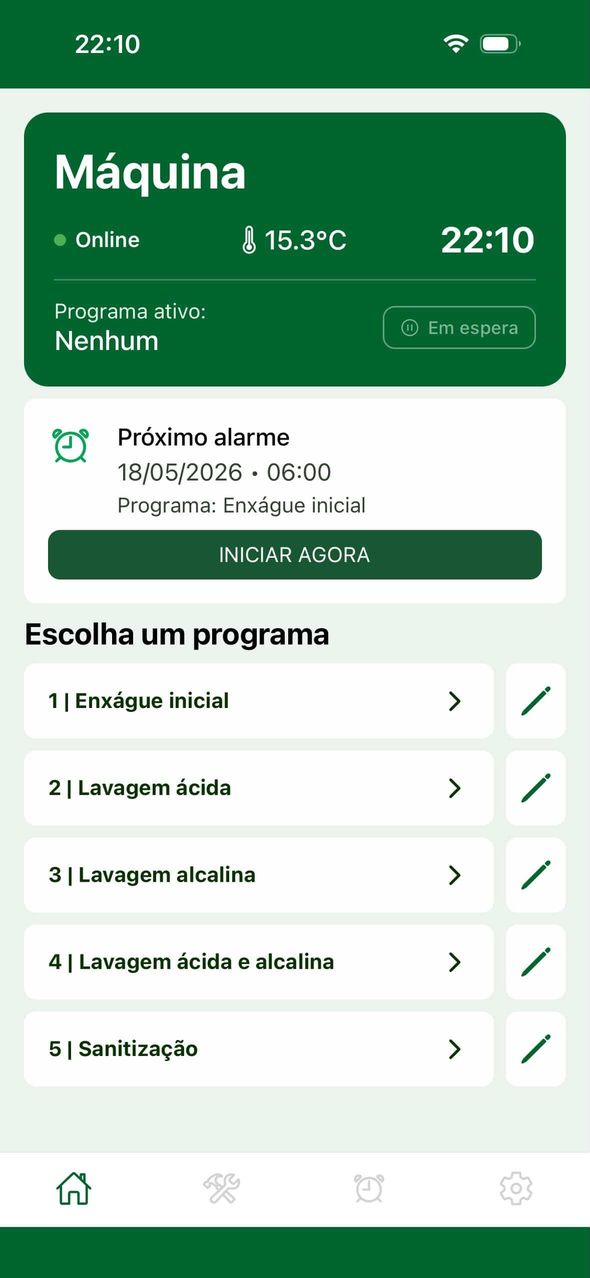 Tela do app: máquina online, próximo alarme e lista de programas de lavagem